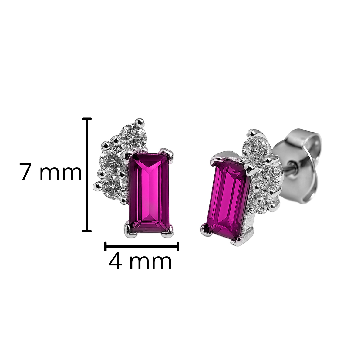 Arete Broquel Rectangulo Circonia Baguette con 3 Circonias Redondas Plata .925 con Baño de Rodio