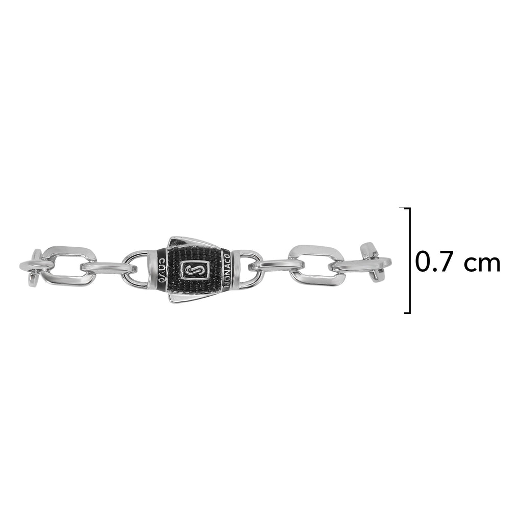 Pulso Inspirado Mónaco Macizo Eslabones Lisos Rectangulares 7mm, Broche Barrilito Circonias Negras, Plata .925 con Baño de Rodio