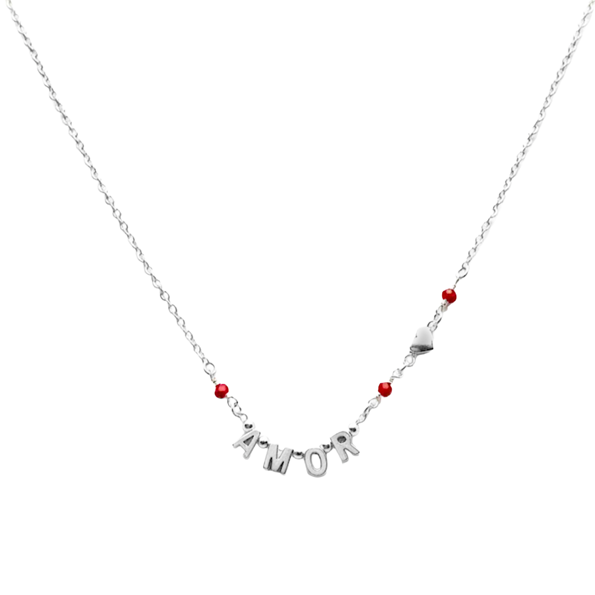 Collar Amor Letra Bombeada con Cristales Rojos Plata .925