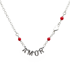 Collar Amor Letra Bombeada con Cristales Rojos Plata .925