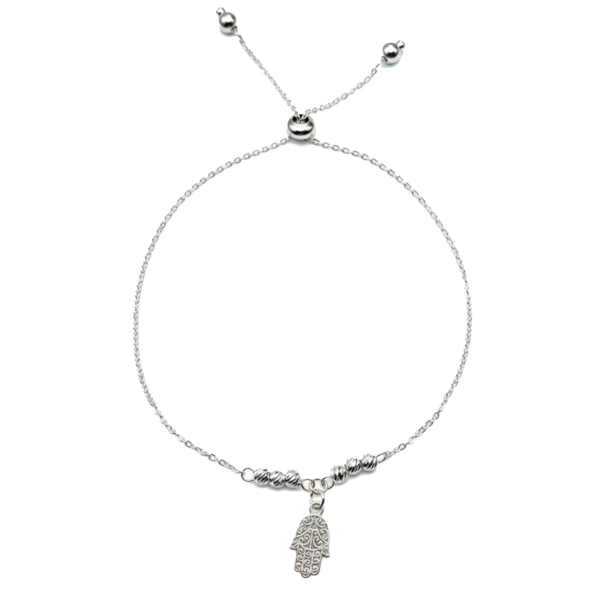 Pulsera Ajustable Mano de Fatima con Bolitas Diamantadas y Cadena Eslabones Plata .925