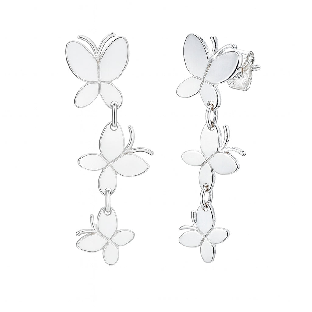 Arete Largo 3 Mariposas Lisas Hecho a Mano Plata .925