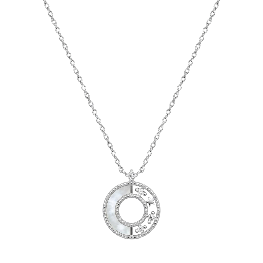 Collar Círculo con Madre Perla y Micro Circonias Plata .925 con Baño de Rodio