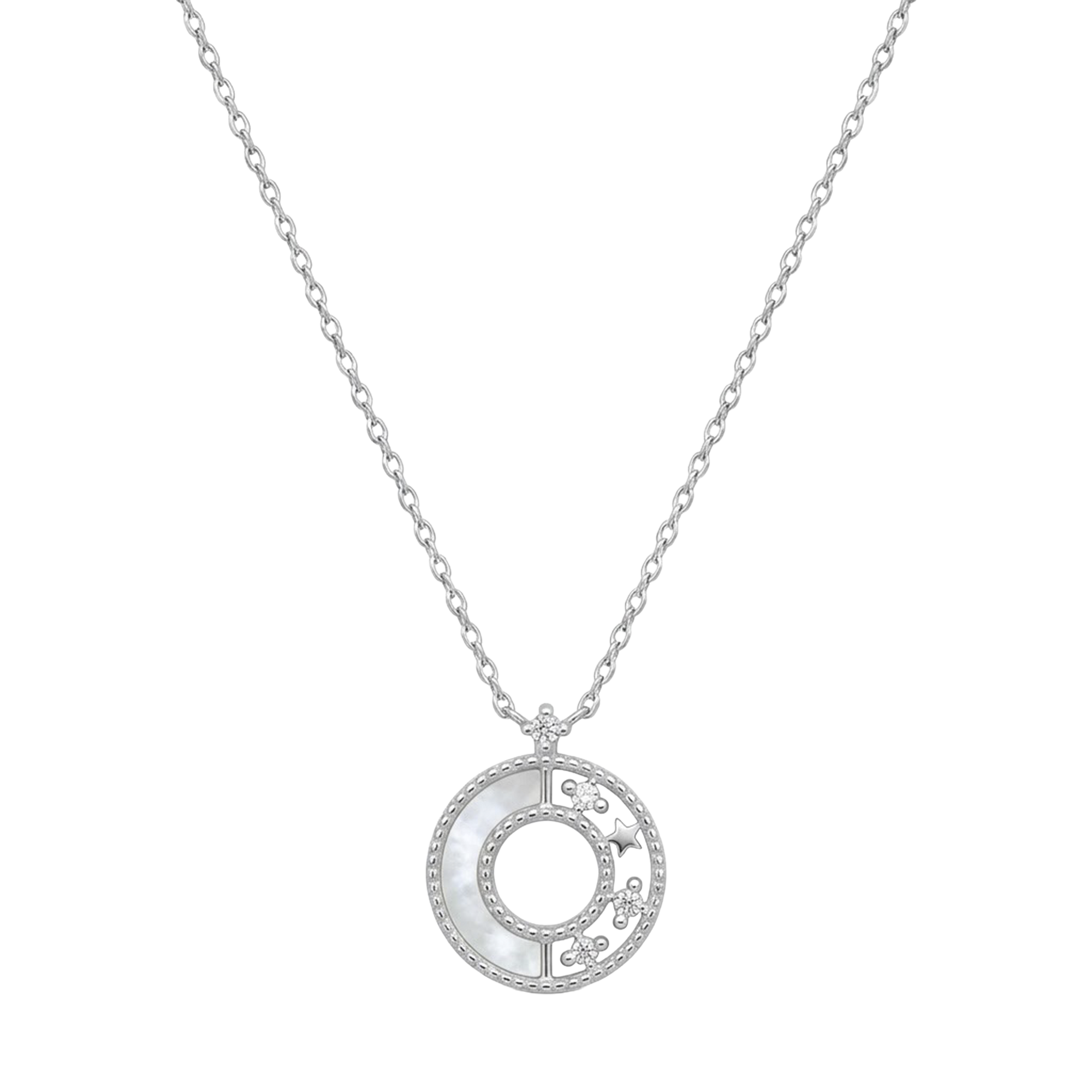 Collar Círculo con Madre Perla y Micro Circonias Plata .925 con Baño de Rodio