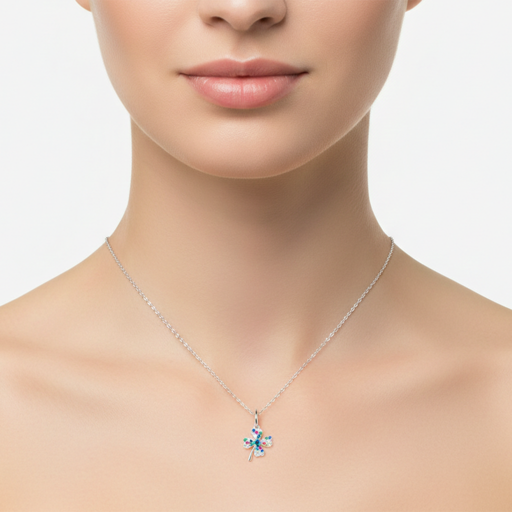 Dije de Trebol Cuatro Hojas Multicolor Plata .925 con Baño de Rodio