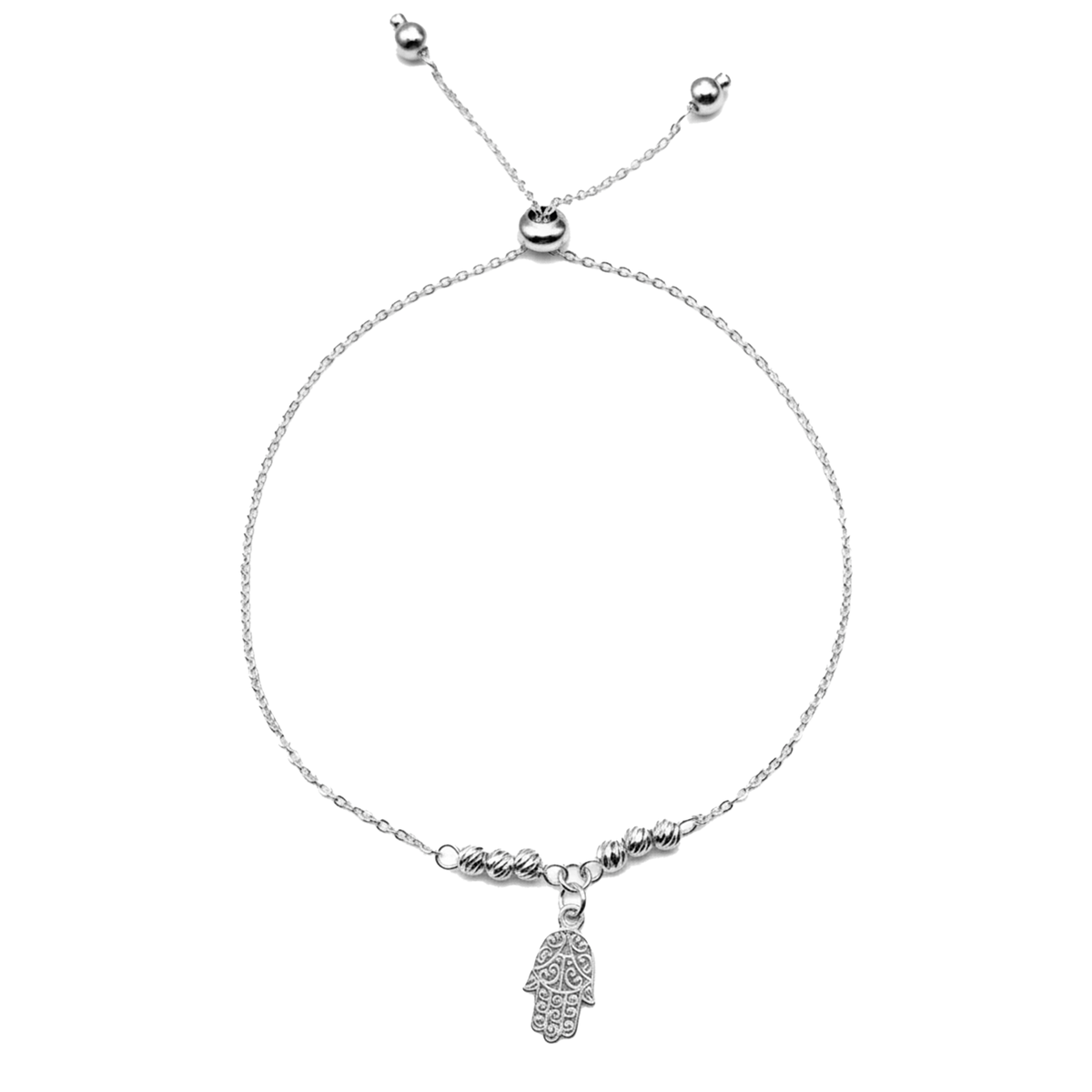 Pulsera Ajustable Mano de Fatima con Bolitas Diamantadas y Cadena Eslabones Plata .925