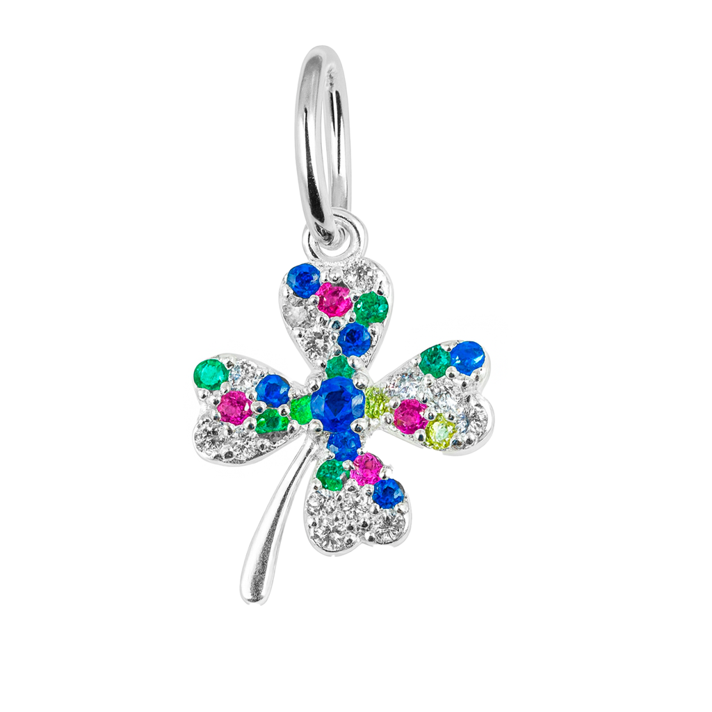Dije de Trebol Cuatro Hojas Multicolor Plata .925 con Baño de Rodio