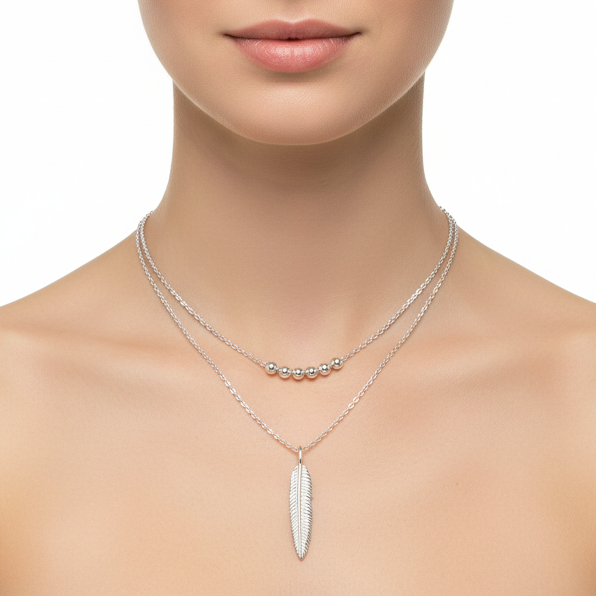 Collar Doble con Dije de Pluma con Bolita Diamantada Plata .925