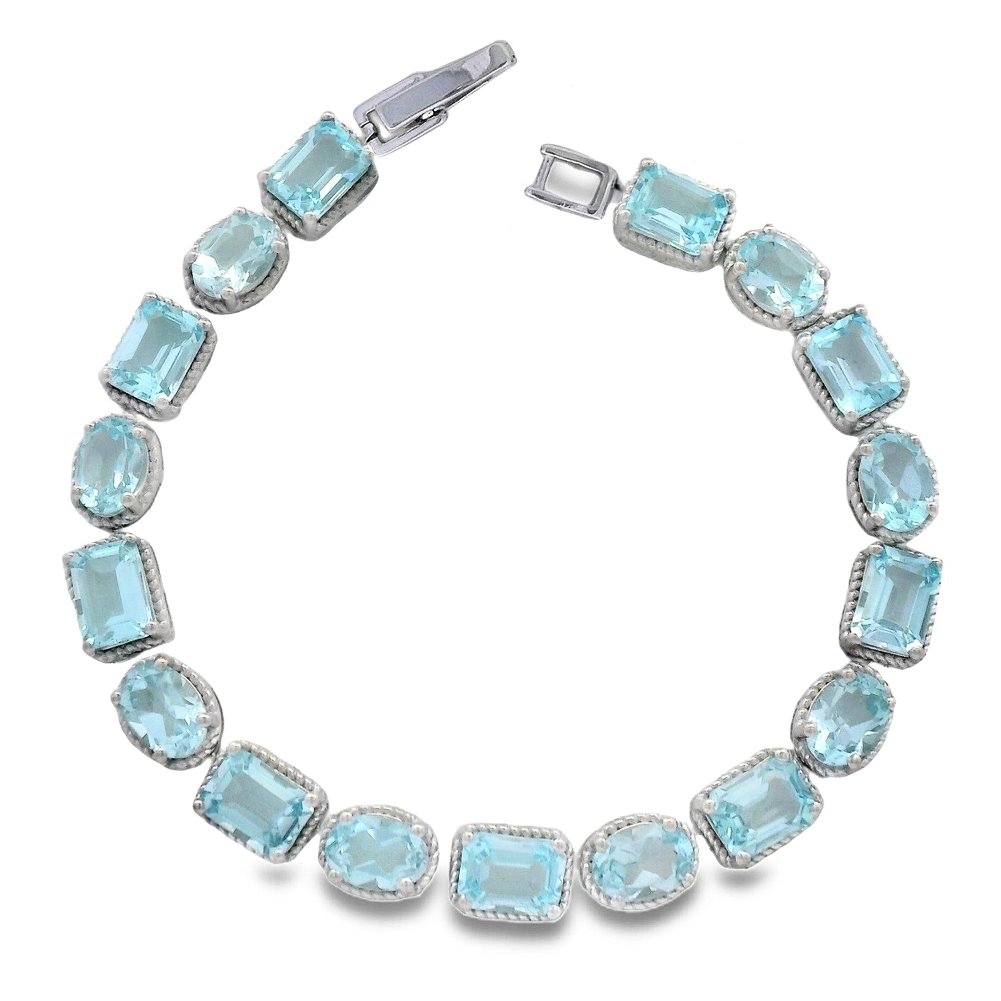 Pulsera Piedra Preciosa Topacio Azul Rectángulos, Plata .925 con Baño de Rodio. Broche
