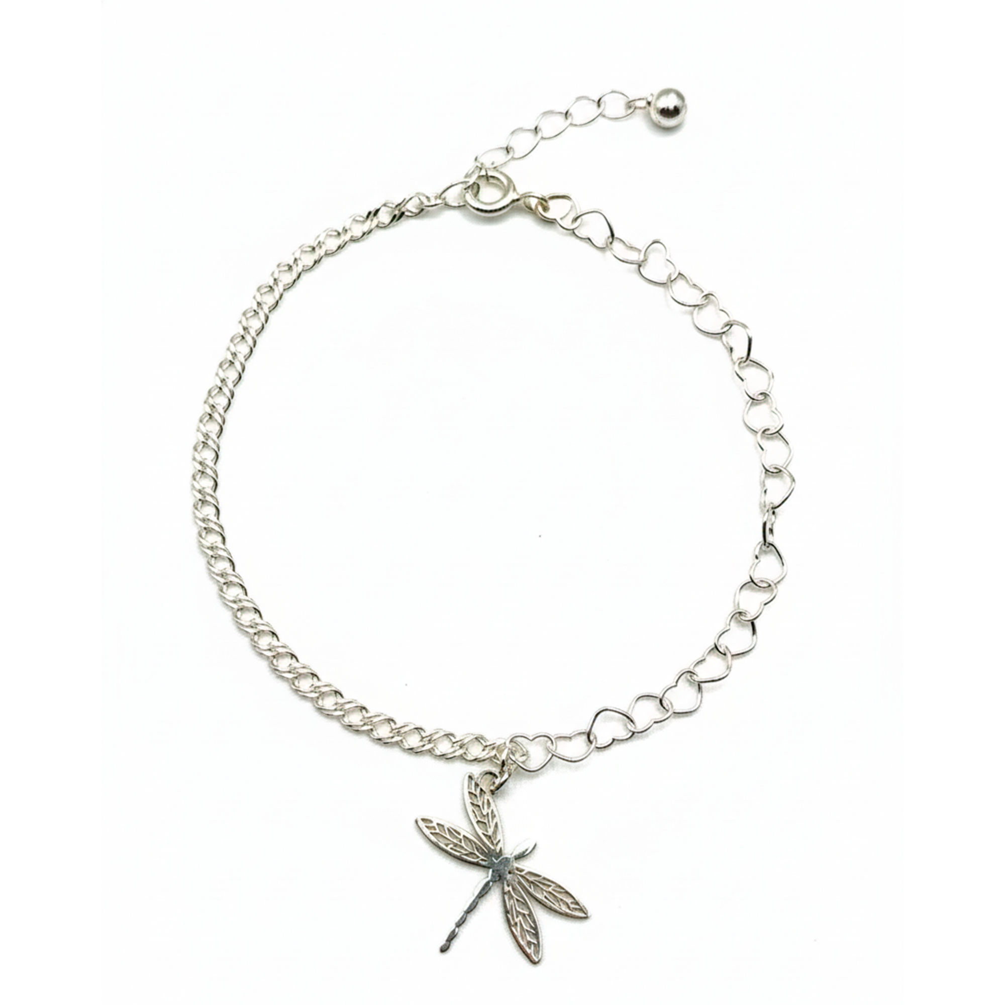 Pulsera con Dije Libélula con Dos Tipos de Cadena Corazones y Doble Rombo Plata .925