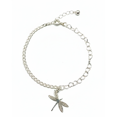 Pulsera con Dije Libélula con Dos Tipos de Cadena Corazones y Doble Rombo Plata .925