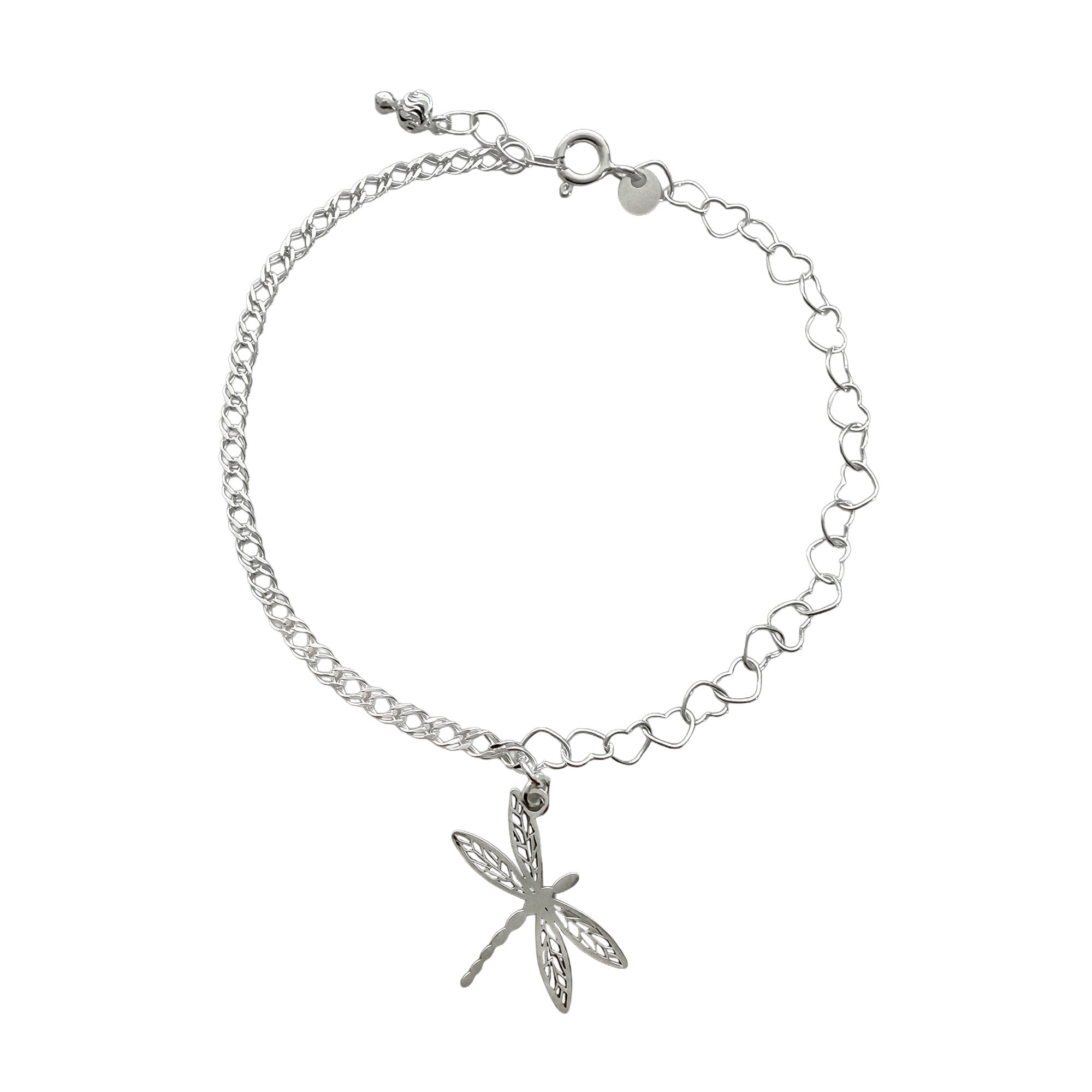 Pulsera con Dije Libélula con Dos Tipos de Cadena Corazones y Doble Rombo Plata .925