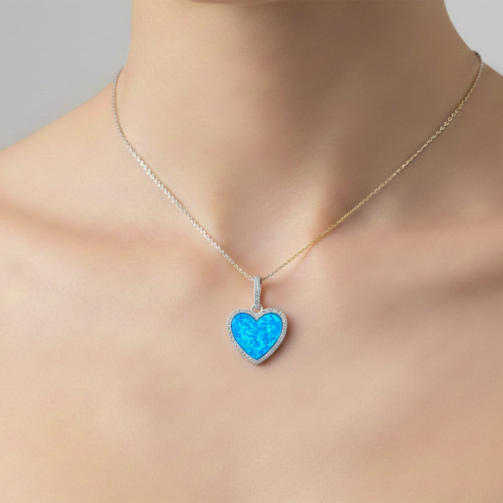 Dije Corazón Ópalo Azul con Micro Circonias Plata .925