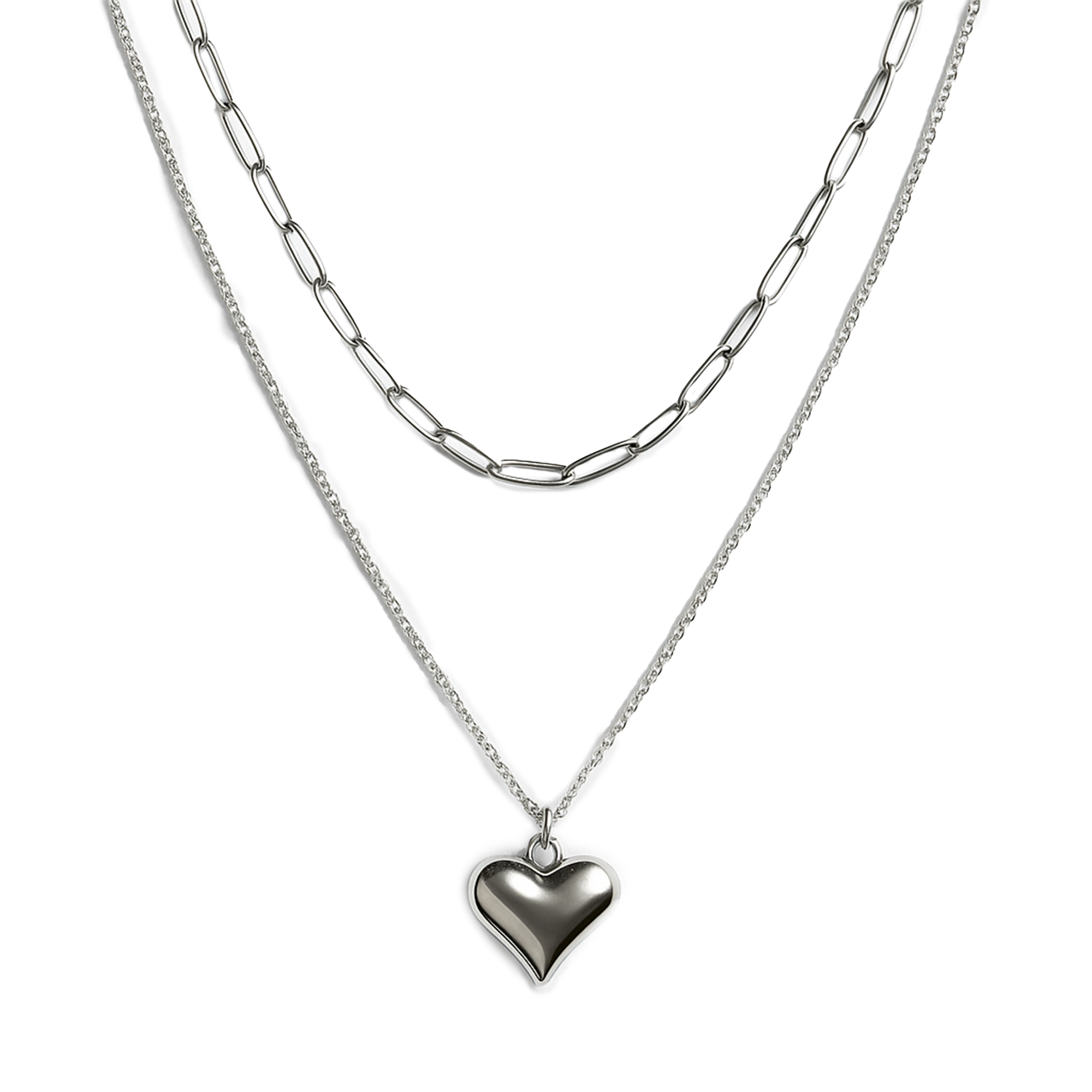 Collar Doble Corazon Bombeado y Cadenas Paper Clip con Cartier Plata .925