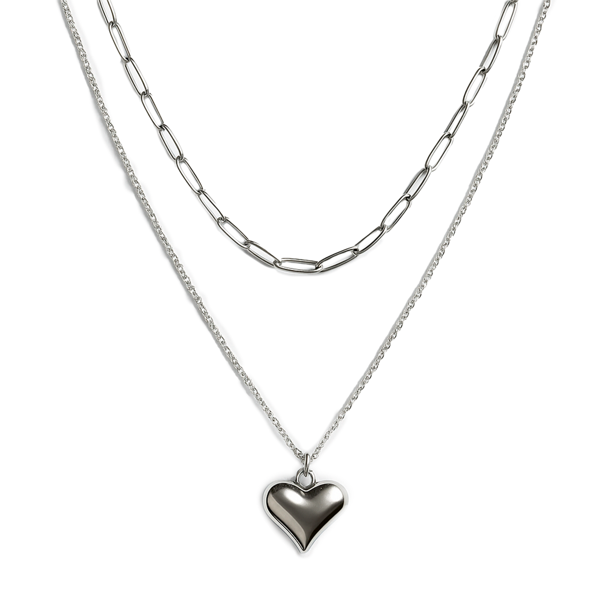 Collar Doble Corazon Bombeado y Cadenas Paper Clip con Cartier Plata .925
