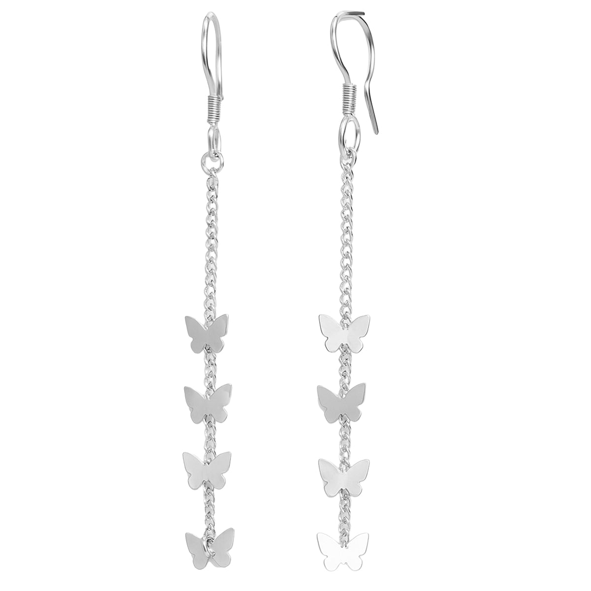 Arete Largo con Mariposas Lisas y Cadena Cubana Hecho a Mano Plata .925