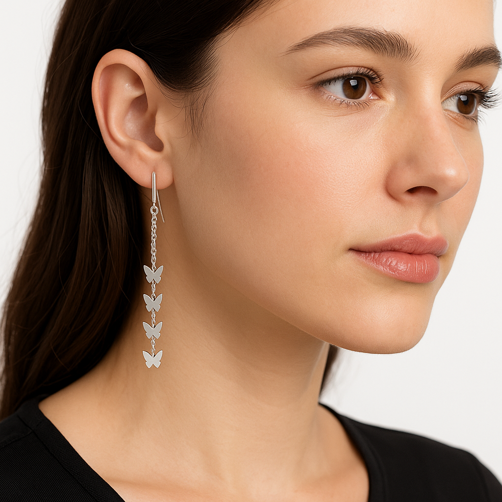 Arete Largo con Mariposas Lisas y Cadena Cubana Hecho a Mano Plata .925