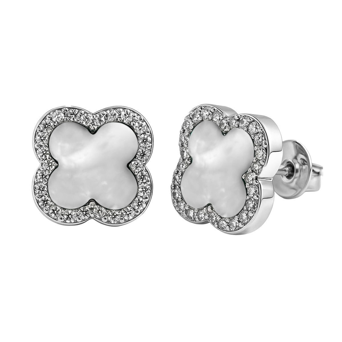 Broquel Flor Grande 1 cm, Inspirado Van C 1cm con Circonias y Piedras Naturales Plata .925 con Baño de Rodio