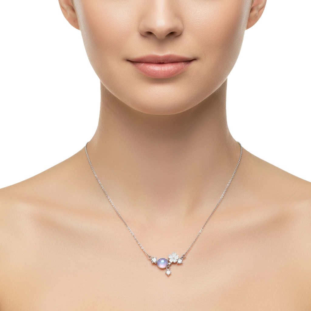 Collar Piedra Luna con Flor y Micro Circonias Plata .925