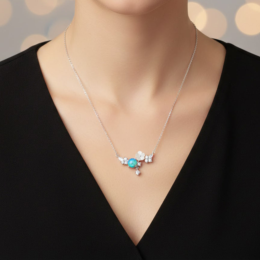 Collar Piedra Luna con Flor y Micro Circonias Plata .925