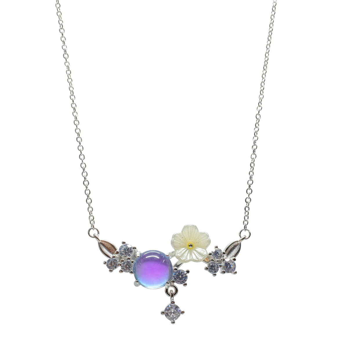 Collar Piedra Luna con Flor y Micro Circonias Plata .925
