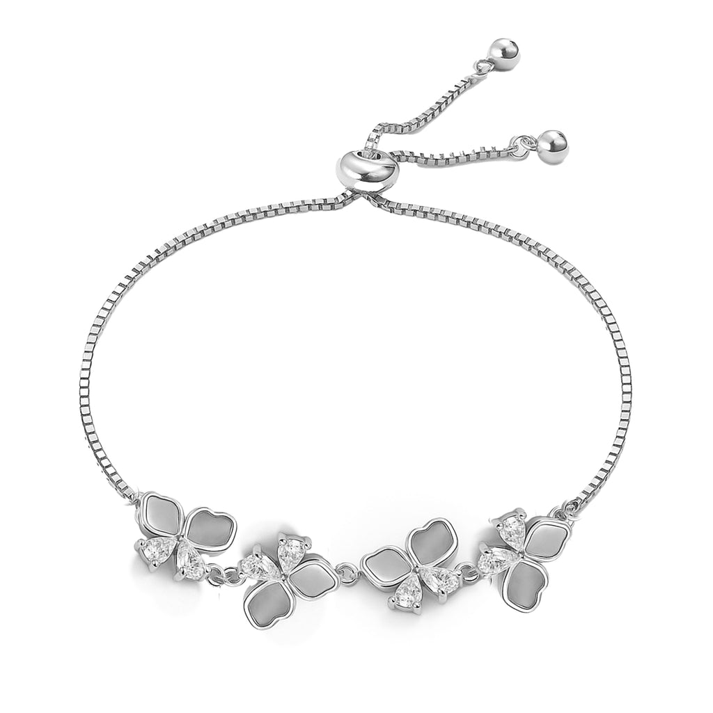 Pulsera Ajustable Flor Madre Perla con Cadena Cubito y Circonias Plata .925 con Baño de Rodio