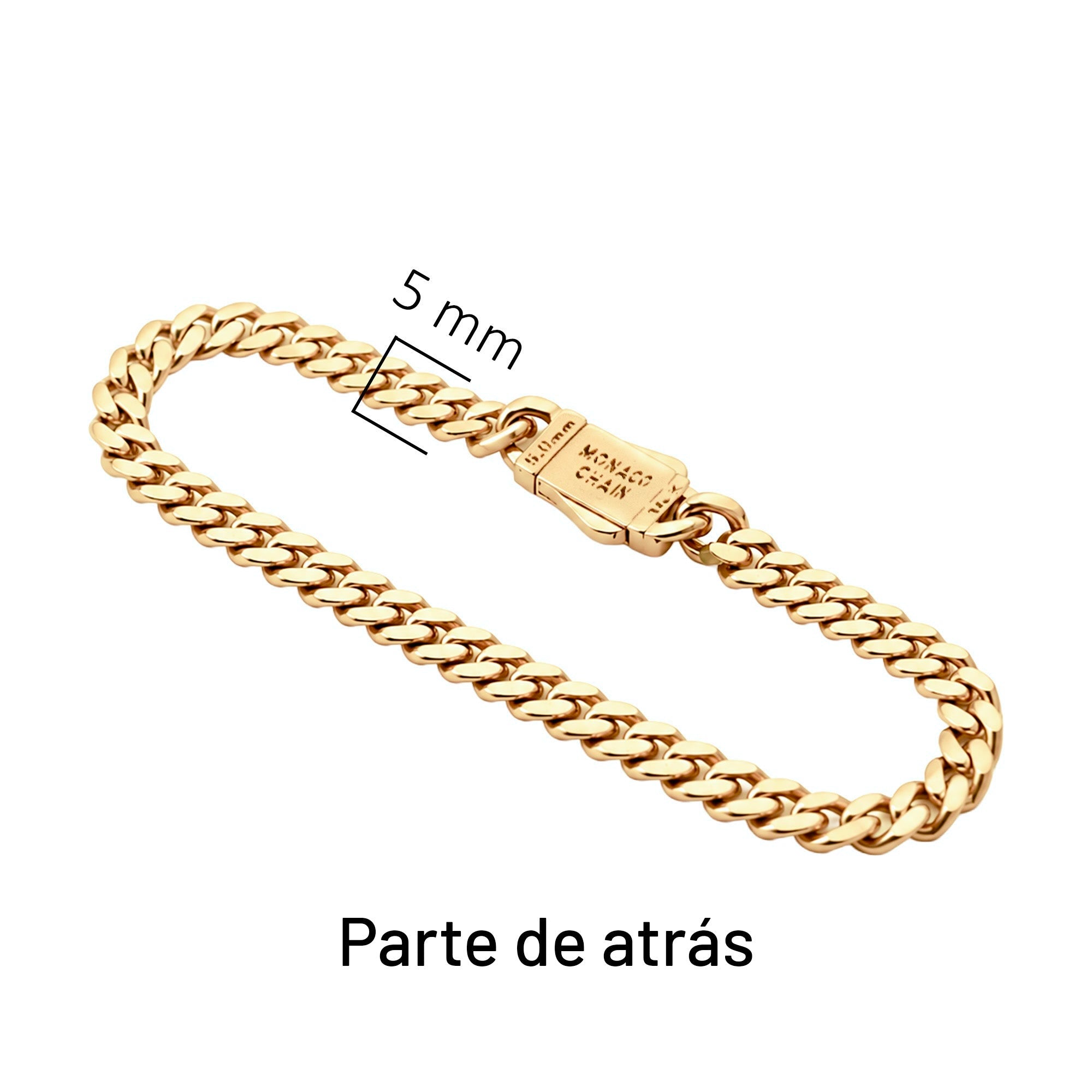 Pulsera Mónaco Chain Original Cubana Lisa 5mm 20 cm. Broche Circonias Oro 14K