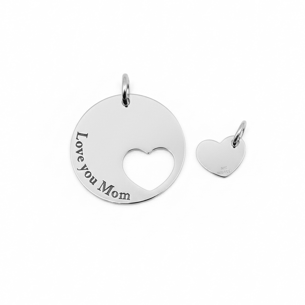 Dije Dúo Love You Mom con Corazón Liso Plata .925