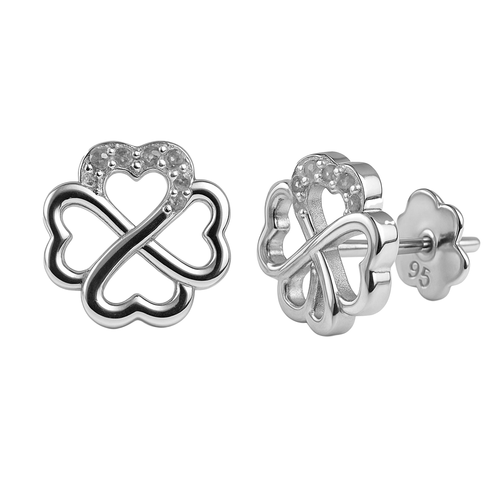 Broquel Silueta  Trebol de 4 hojas con Micro Circonias Plata .925 con Baño de Rodio