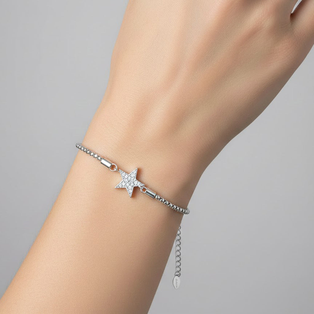 Pulsera Estrella con Micro Circonias y Cadena Espuma Plata .925 con Baño de Rodio