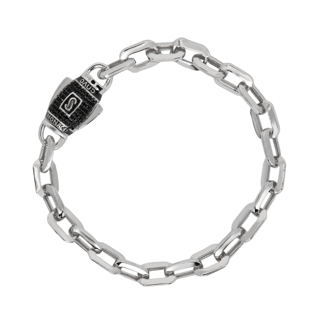Pulso Inspirado Mónaco Macizo Eslabones Lisos Rectangulares 7mm, Broche Barrilito Circonias Negras, Plata .925 con Baño de Rodio