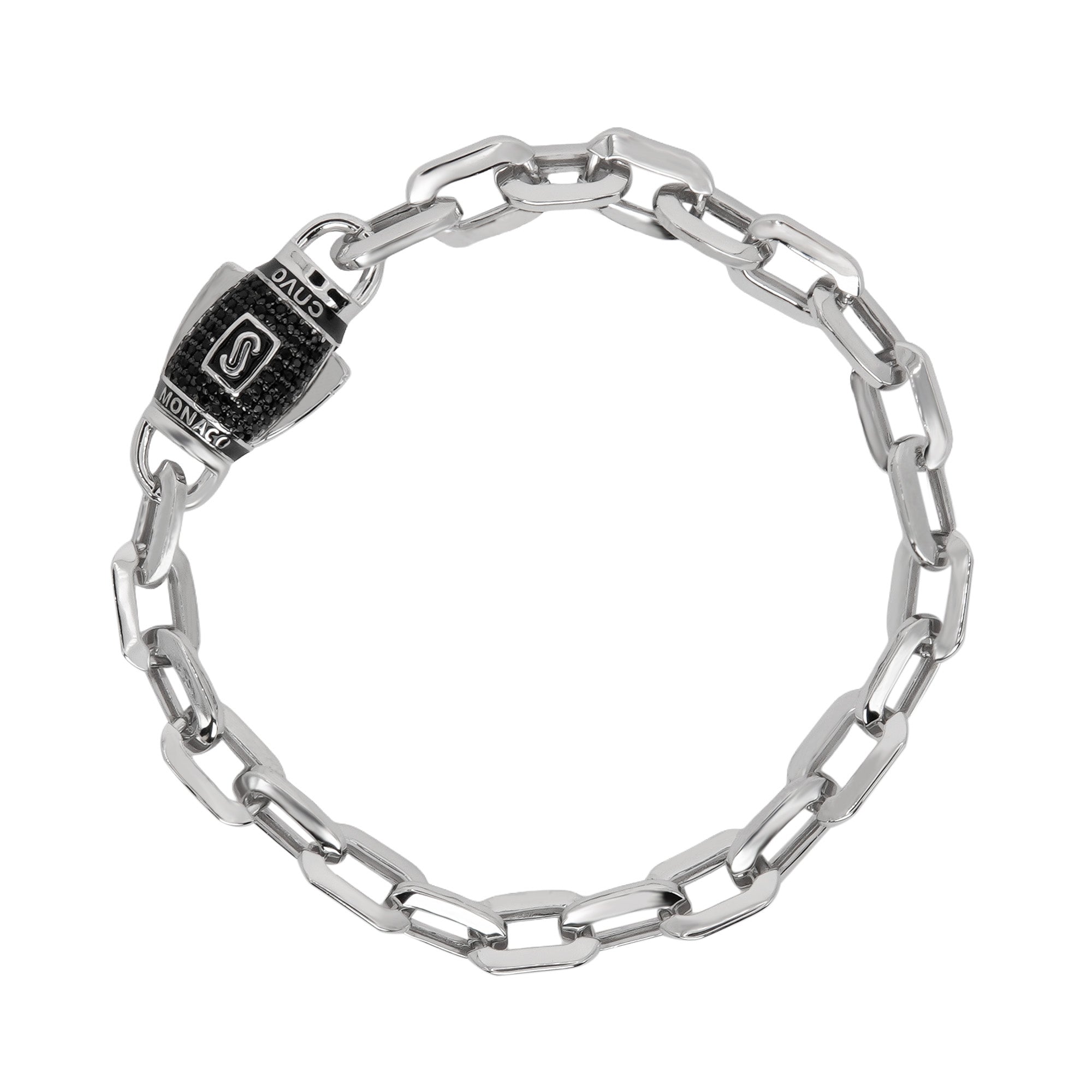 Pulso Inspirado Mónaco Macizo Eslabones Lisos Rectangulares 7mm, Broche Barrilito Circonias Negras, Plata .925 con Baño de Rodio