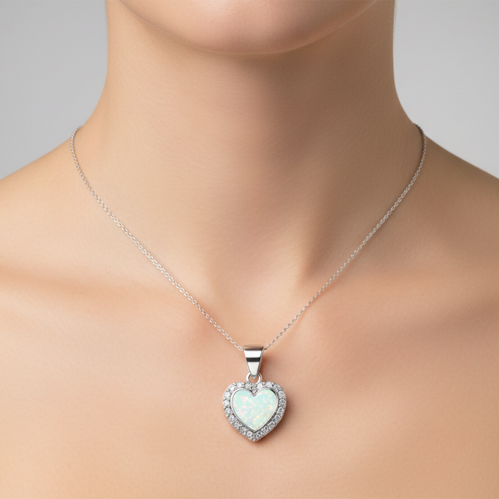 Dije Corazón con Ópalo y Micro Circonias de 1.5cm Plata .925