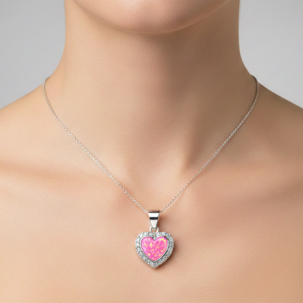 Dije Corazón con Ópalo y Micro Circonias de 1.5cm Plata .925