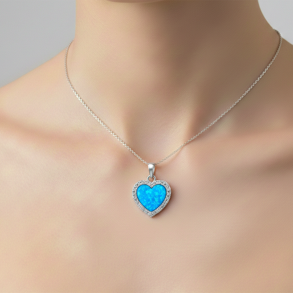 Dije Corazón con Ópalo y Micro Circonias de 1.5cm Plata .925