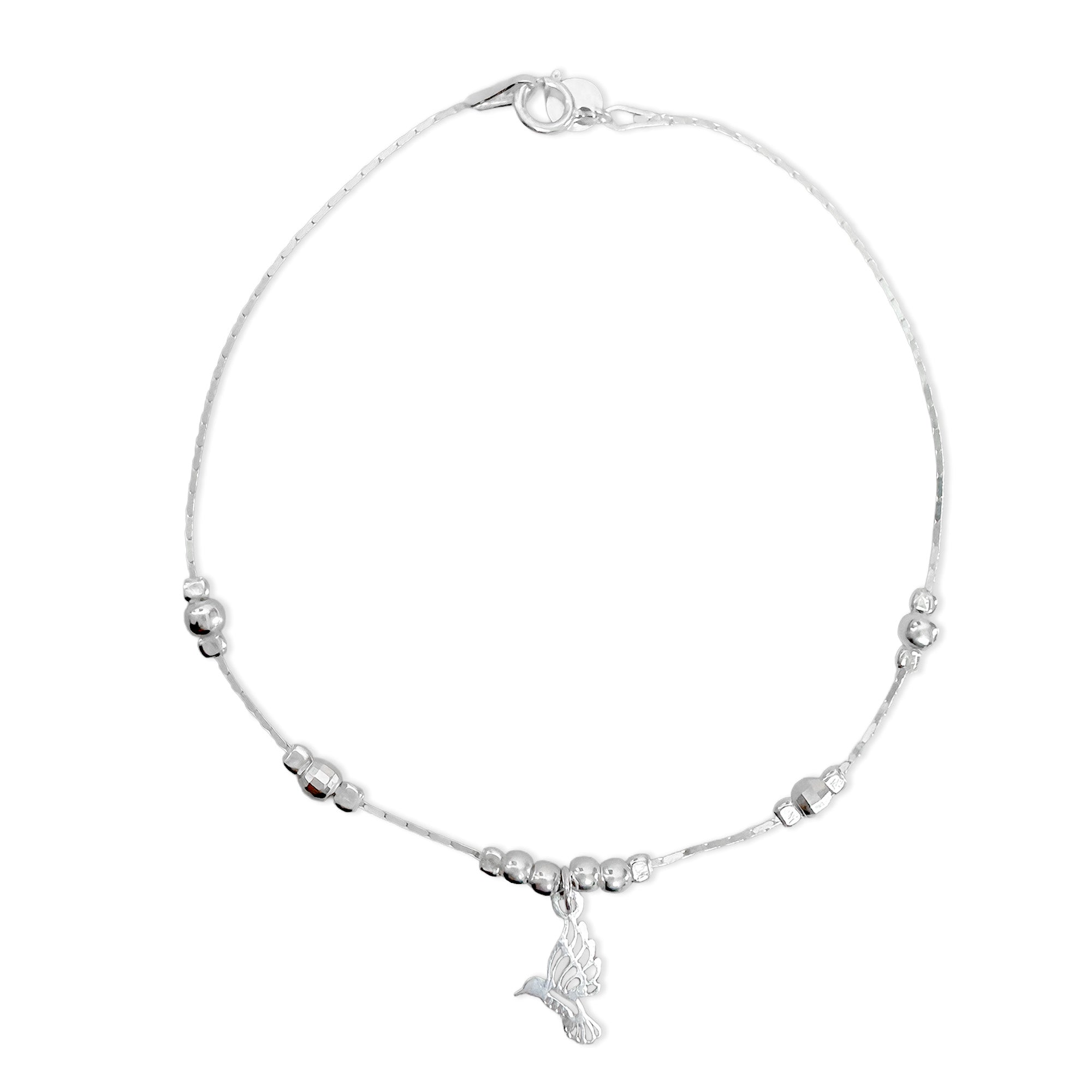 Pulsera con Dije Colibri Calado y Bolitas Lisas con Cadena Cola de Rata Plata .925