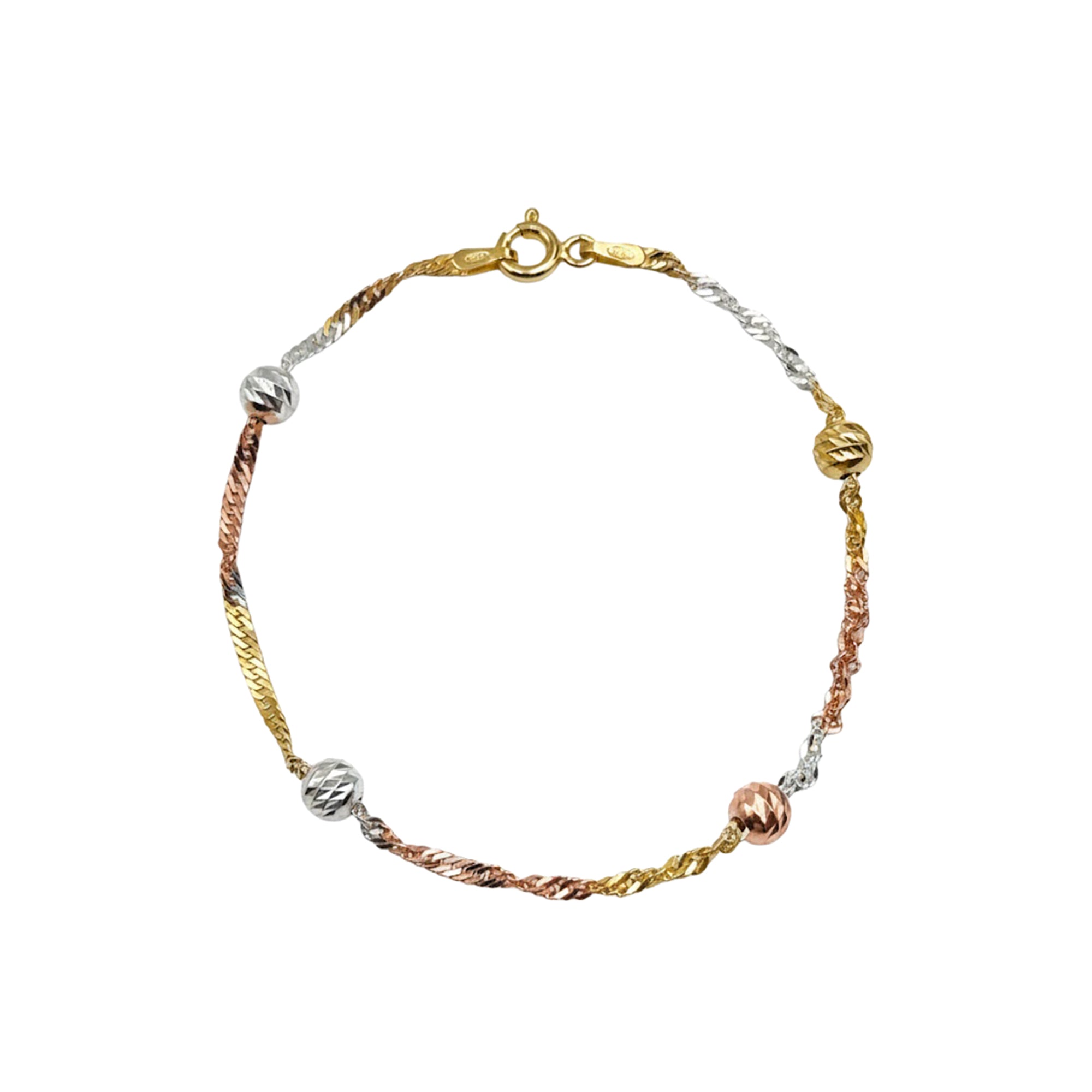 Pulsera Bolita Diamantada y Cadena Torzal Plata .925 con Baño de 3 Oros