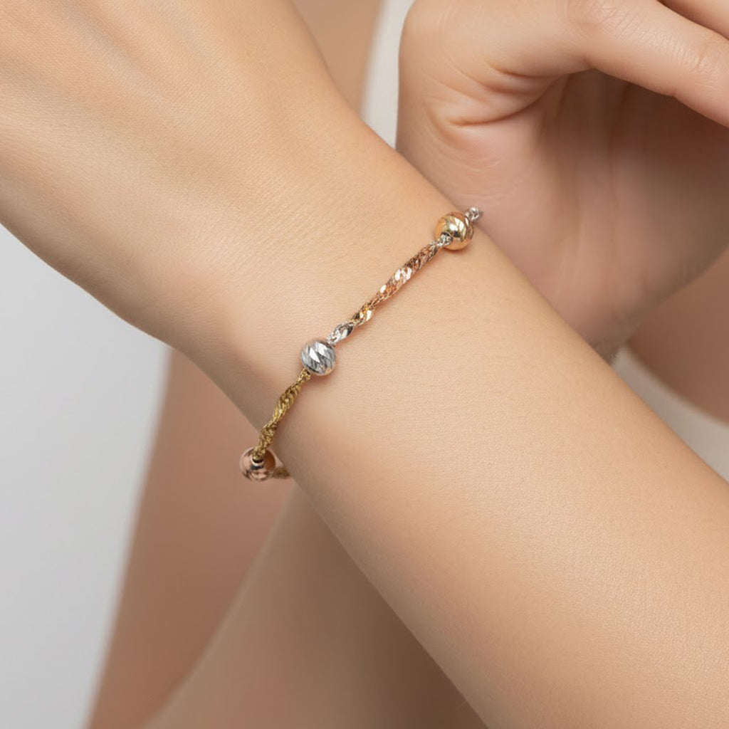Pulsera Bolita Diamantada y Cadena Torzal Plata .925 con Baño de 3 Oros