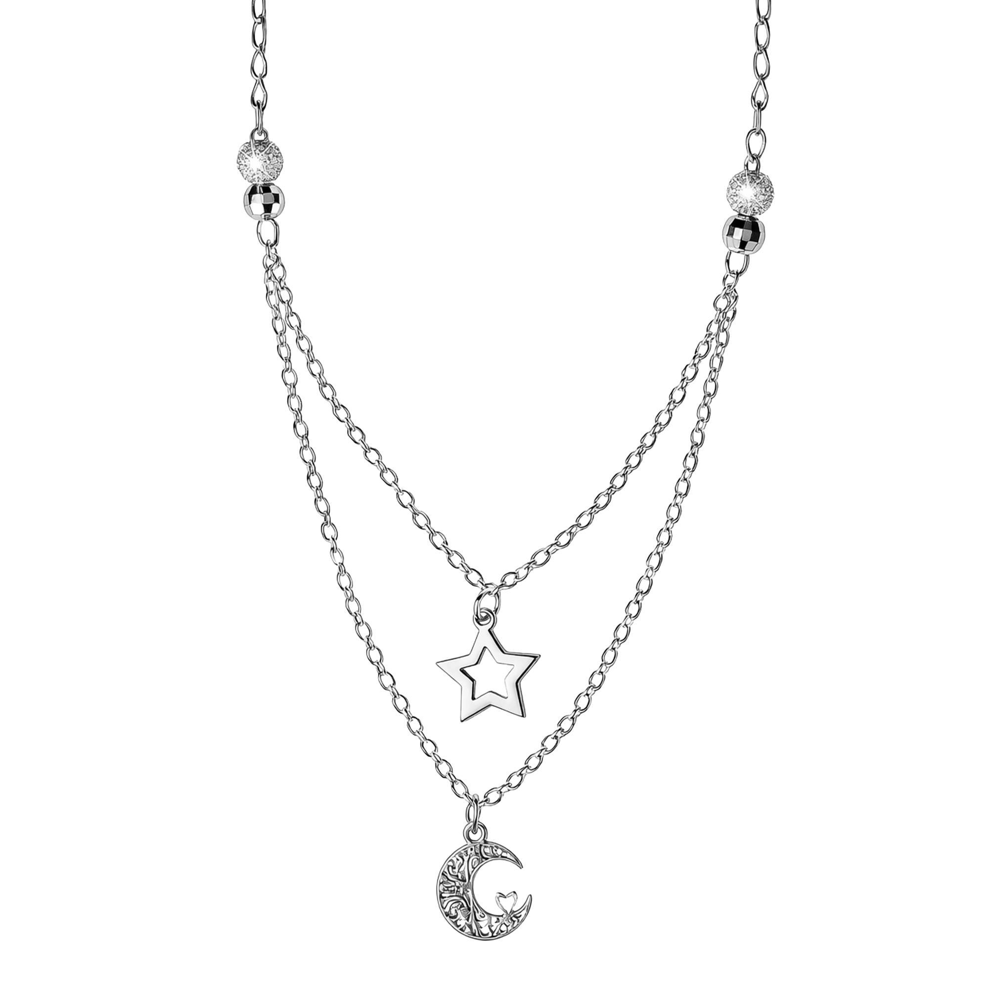 Collar Doble Media Luna Grabada con Estrella y Cadena Eslabones Plata .925