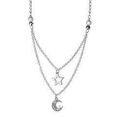 Collar Doble Media Luna Grabada con Estrella y Cadena Eslabones Plata .925