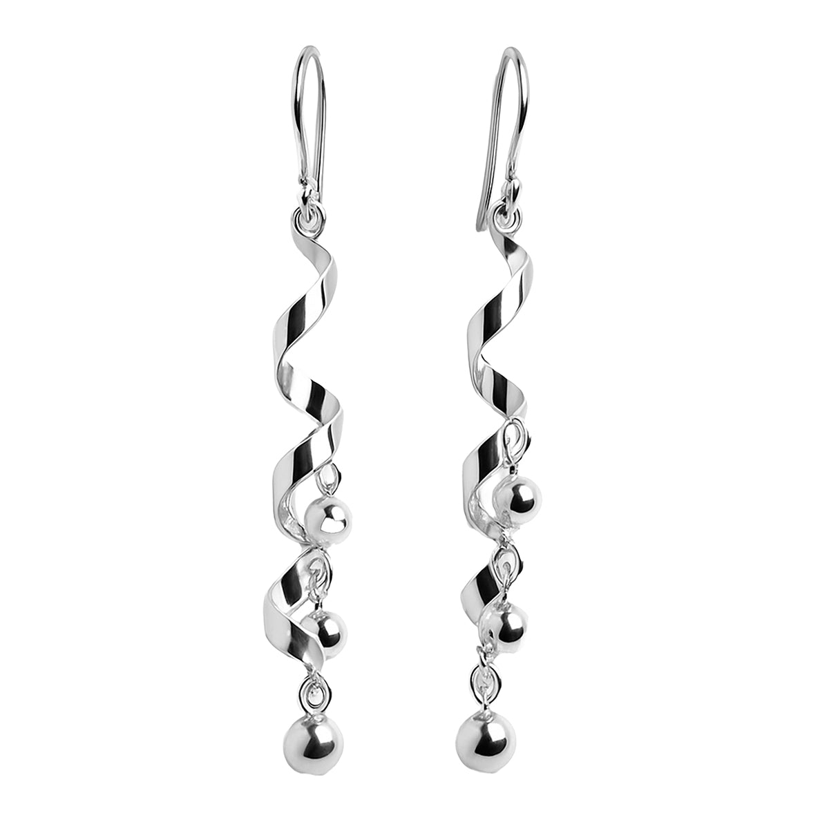 Arete Largo Espiral Liso con Bolitas Hecho a Mano Plata .925