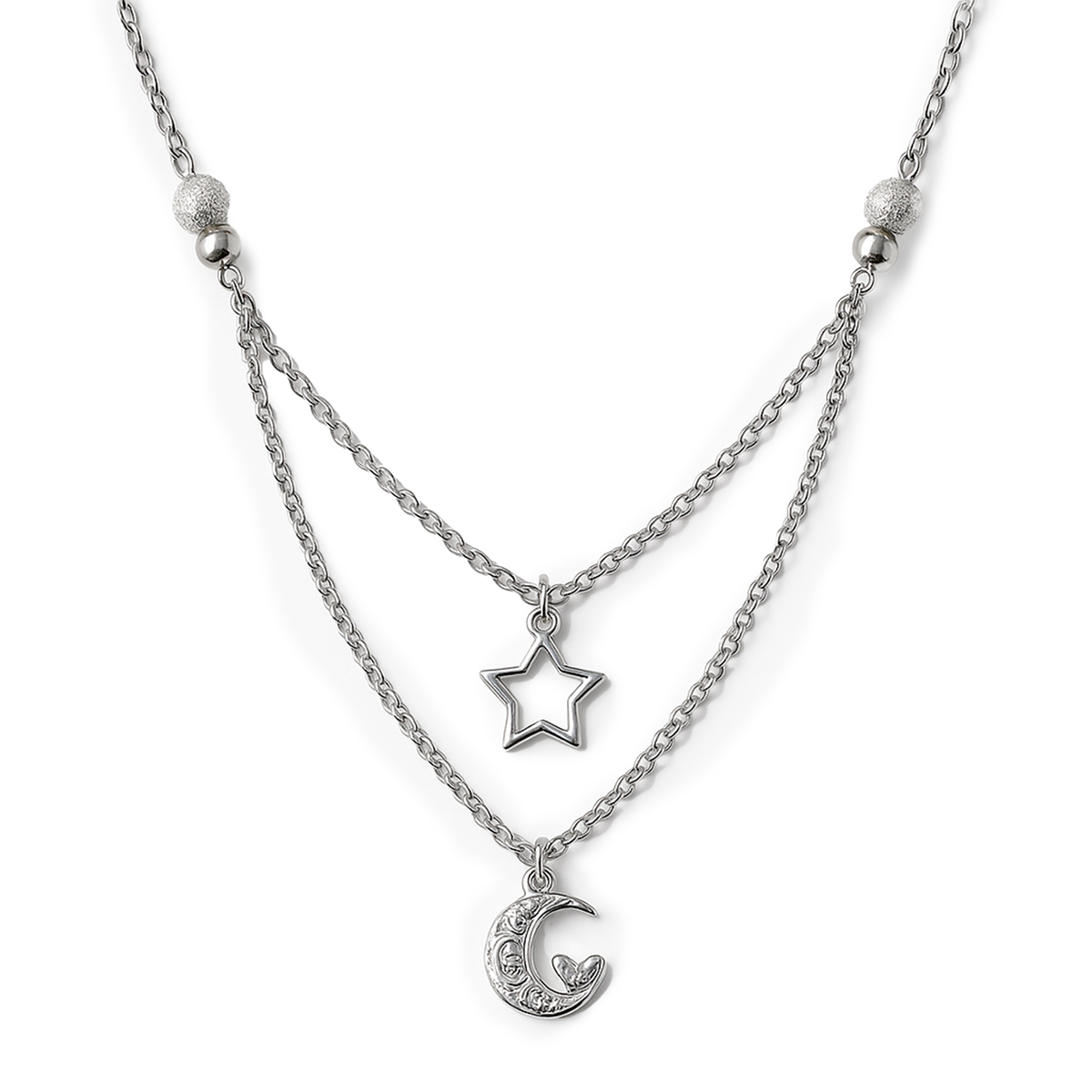 Collar Doble Media Luna Grabada con Estrella y Cadena Eslabones Plata .925