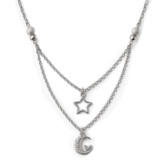 Collar Doble Media Luna Grabada con Estrella y Cadena Eslabones Plata .925