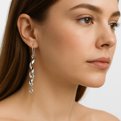 Arete Largo Espiral Liso con Bolitas Hecho a Mano Plata .925