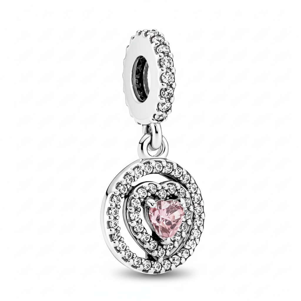 Charm Inspirado Pan 1:1 Corazon Rosa con Micro Circonias Plata .925