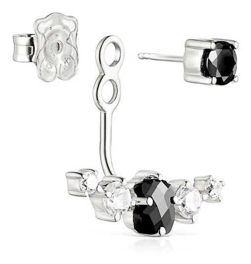 Arete Osos 1.1 Ónix Y Circonias, Doble Uso. Plata 925 Con Baño de Rodio
