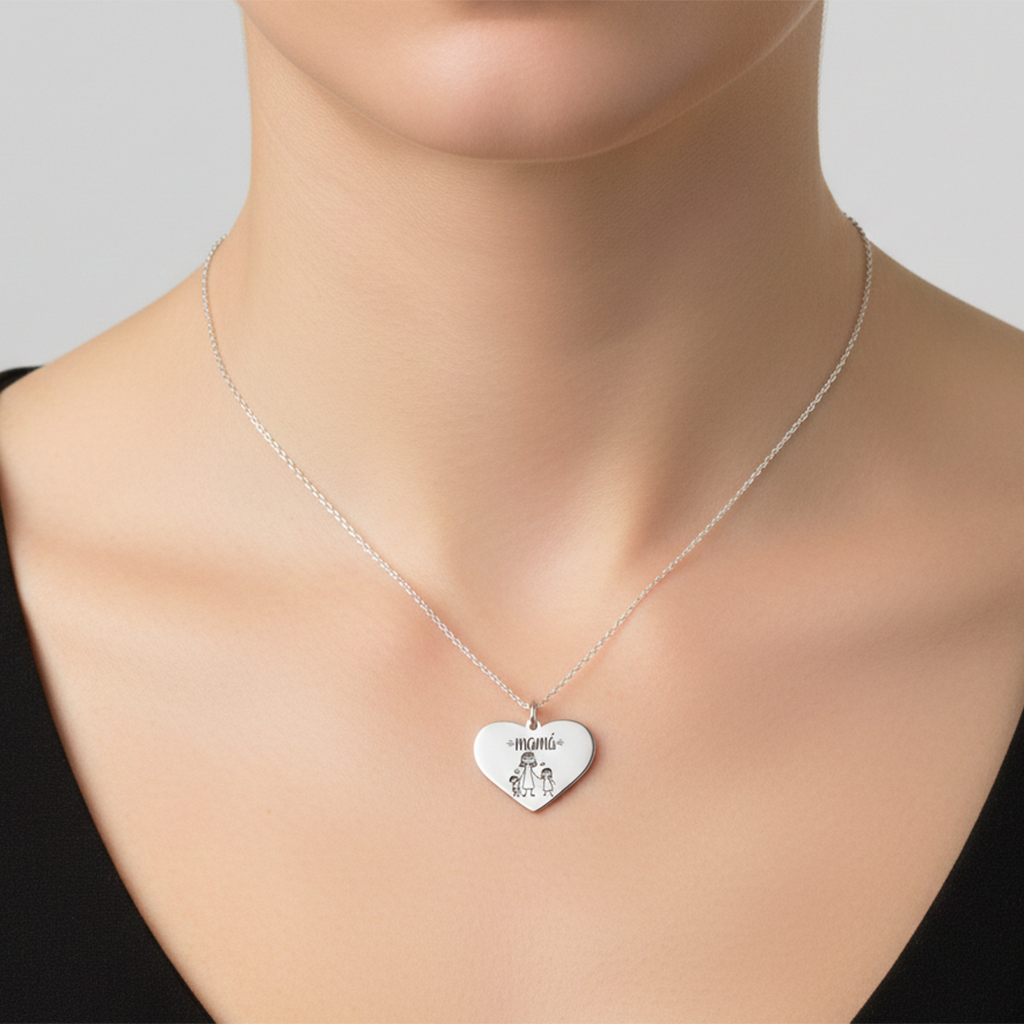 Dije Corazón Mamá con Hijos Plata .925