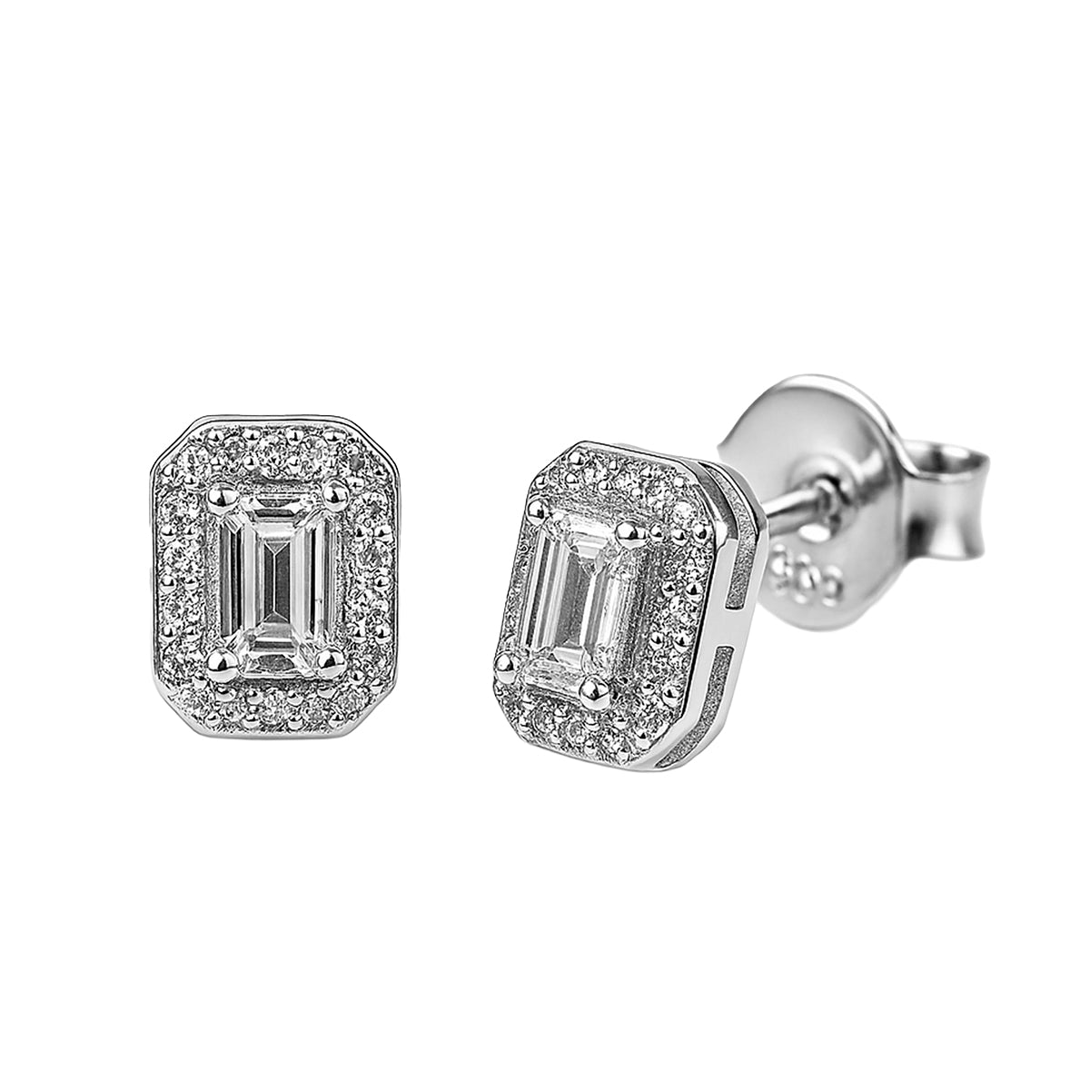 Arete Broquel Circonia Rectangular Chica con Micro Circonias Plata .925 con Baño de Rodio