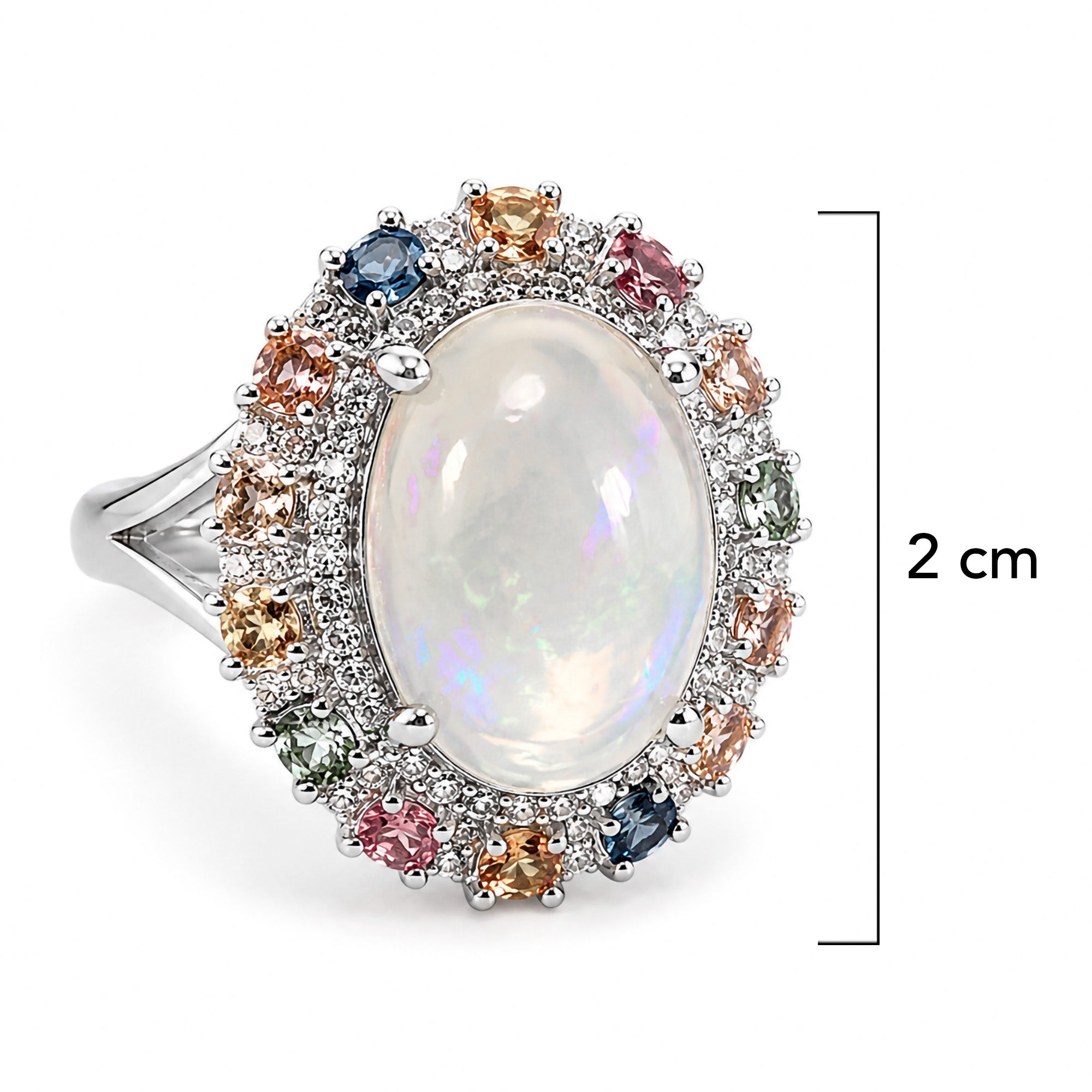 Anillo Piedras Preciosas Ópalo Etiope con Citrino, Turmalinas, Zafiro y Circonias Blancas , Plata .925 con Baño de Rodio