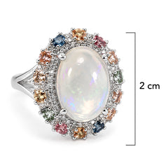 Anillo Piedras Preciosas Ópalo con Citrino, Peridoto y Zafiro y Circonias, Plata .925 con Rodio